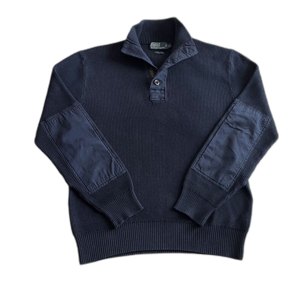 Polo Ralph Lauren Sweater Mens Large Blue Mock Neck Henley Knit Pullover Cotton